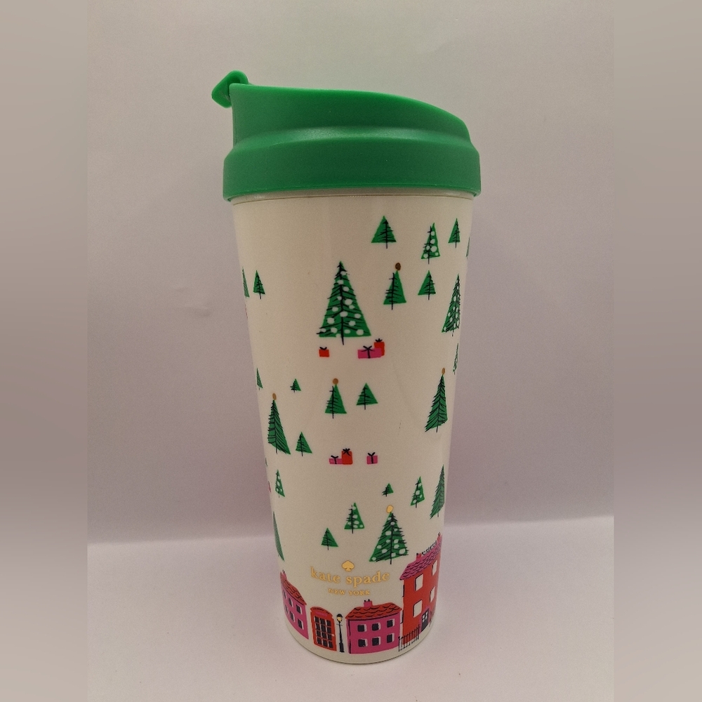 Kate Spade New York Holiday Village Travel Mug with Green Lid – Christmas Trees